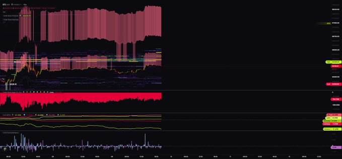 A TradingView chart of Bitcoin (BTCUSD.P) on the 1-hour timeframe displays price action struggling near the $65,000 level alongside the Coinbase Premium Index and liquidation data, illustrating the context of spot selling, long liquidations, and futures defending the upper resistance zone.