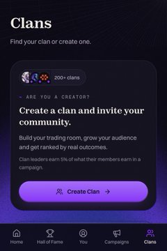 A mobile app screen titled "Clans" with the tagline "Find your clan or create one," showing it has "200+ clans" and offering the option to create a clan and invite your community, with a "Create Clan" button.
