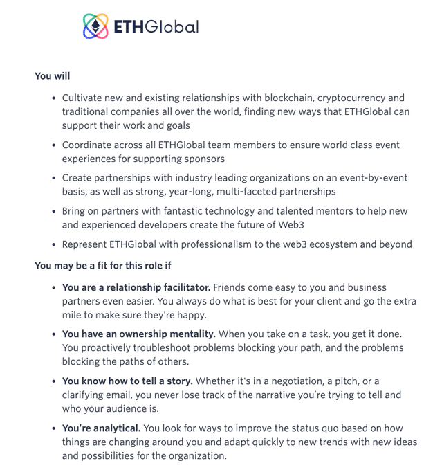 A job description document for ETHGlobal, detailing responsibilities like cultivating relationships and creating partnerships, along with role qualifications such as being a relationship facilitator and having analytical skills.