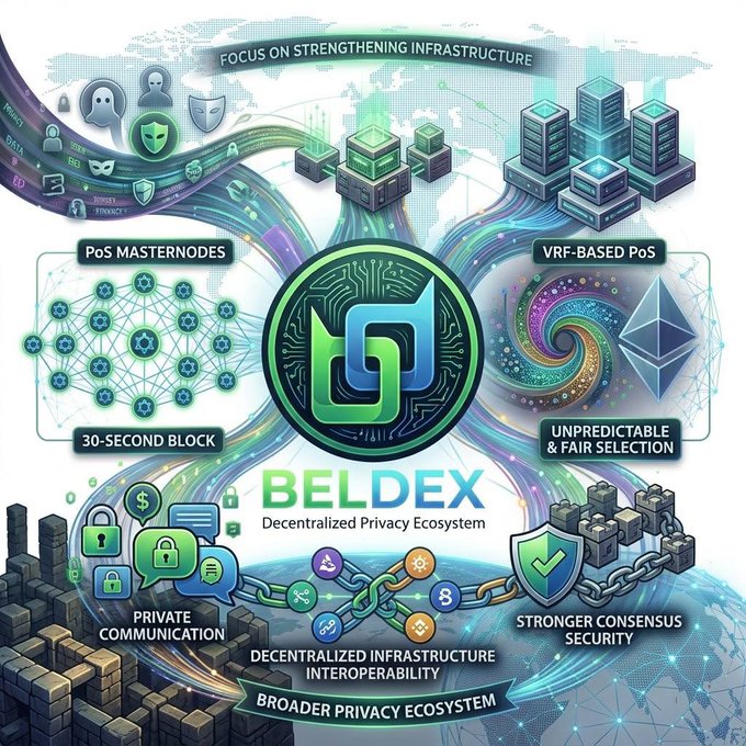 An infographic for BelDex, a 'Decentralized Privacy Ecosystem,' highlights features like 'PoS MASternodes,' '30-Second Block,' 'VRF-Based PoS,' 'Private Communication,' and 'Broader Privacy Ecosystem.'