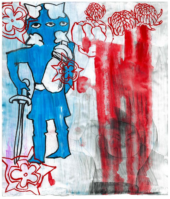 A raw mixed-media artwork features a blue armored figure holding a sword and red flowers beside a vivid red, abstract vertical form. It appears to be one of the experimental, un-stretched canvas 1/1s from leeaux’s “CVLT” collection, listed on SR with a 0.25 ETH reserve.