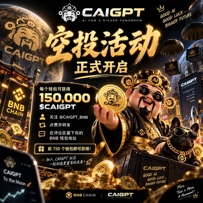 A promotional poster for CAIGPT, an AI token airdrop on BNB Chain, offering 150,000 $CAIGPT to the first 750 wallets, featuring a god of wealth figure holding a coin.