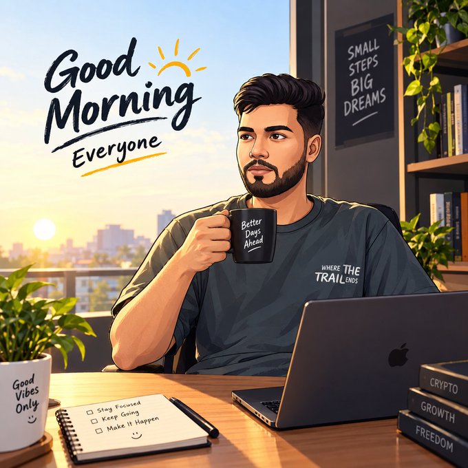 A stylized illustration of a man holding a coffee mug reading 'Better Days Ahead' with motivational text 'Good Morning Everyone' and a notebook checklist including 'Stay Focused', 'Keep Going', and 'Make It Happen'.