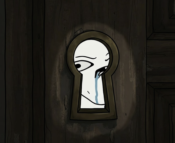 A sad, crying keyhole-shaped face peers out from a wooden door, appearing lonely and longing for attention—mirroring the feeling of an empty Discord server waiting for friends to join.