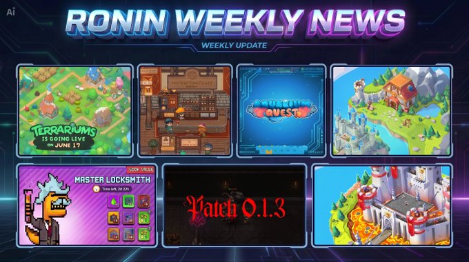 The image features a poster with six different pictures of video game scenes, including a map of a city, a castle, and other game elements. The poster also includes text that reads "RONIN WEEKLY NEWS" and "Weekly News". The poster is displayed on a wall or surface, possibly at a gaming convention or event.
