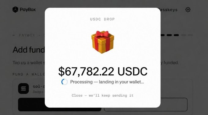 A screenshot of a PayBox interface displays a "USDC DROP" notification showing $67,782.22 USDC being processed to a wallet, with the post's "WTF???" reaction expressing shock at the unexpected large crypto deposit via MoonPay.
