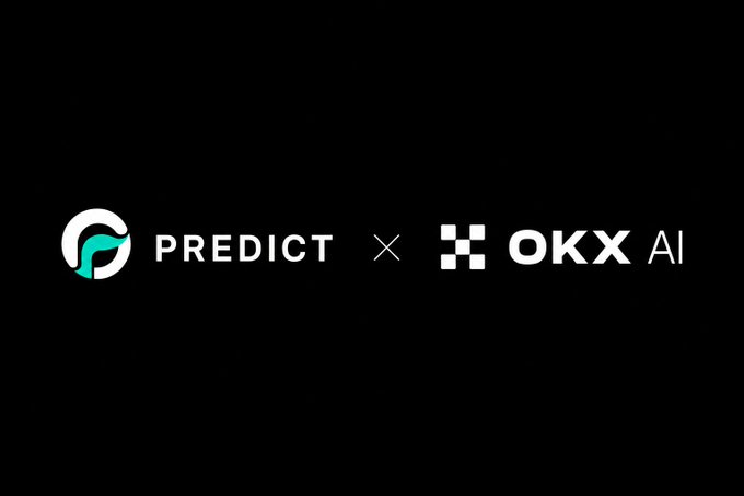 A black background displaying logos for 'PREDICT' and 'OKX AI' separated by an X symbol, indicating a partnership.