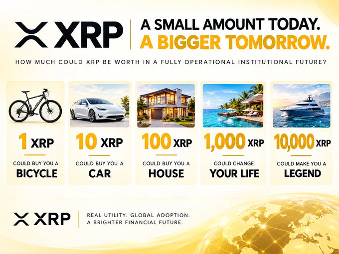 An XRP promotional poster reads “A SMALL AMOUNT TODAY. A BIGGER TOMORROW.” and compares 1, 10, 100, 1,000, and 10,000 XRP with a bicycle, car, house, lifestyle change, and becoming a legend.