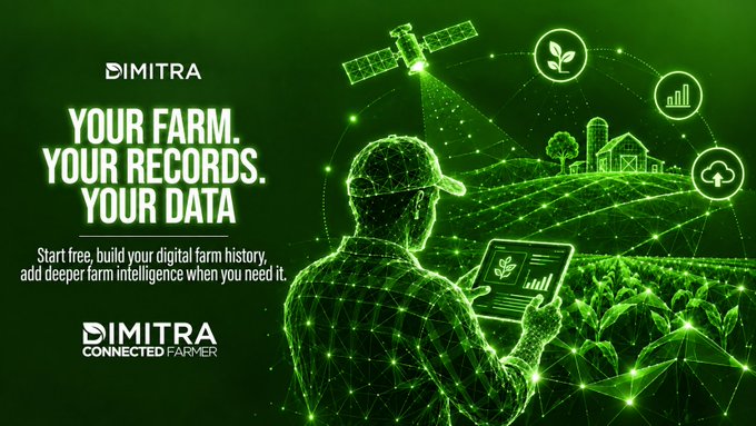 A Dimitra 'Connected Farmer' advertisement featuring a digital farmer with a tablet, satellite imagery, and icons for crops, data analytics, and cloud services with the tagline 'Your Farm. Your Records. Your Data.'