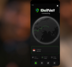 A smartphone displays the BelNet Connecting app interface with a dark globe graphic and a Singapore upgrade notification banner at the bottom.