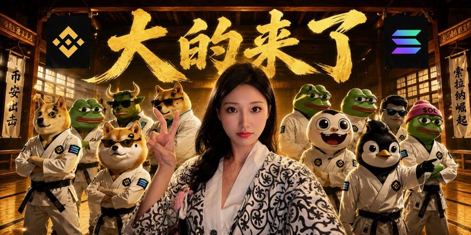 A young woman in a patterned robe poses with a peace sign alongside characters in karate uniforms—including Doge, Shiba Inu, Pepe, and a penguin—under a banner reading "大的来了" ("The big one is coming"), with the Binance logo visible, visually tying the post's message about an upcoming major opportunity in the crypto market to the gathered mascots of popular tokens.