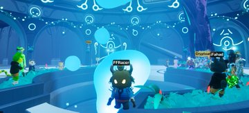 The image features a group of people standing around, with one person wearing a blue shirt that says "FFRACE" on it. The scene takes place inside a room filled with blue lights, giving it an otherworldly atmosphere. There are several people in the room, some closer to the camera and others further away. One person is holding a sign that reads "Dryfairy Fakhd", indicating they might be involved in a game or event related to the @ClassicsCrypto team. The overall mood of the image suggests excitement and anticipation for what's about to happen next, as if everyone is waiting for Simon to give his signature.