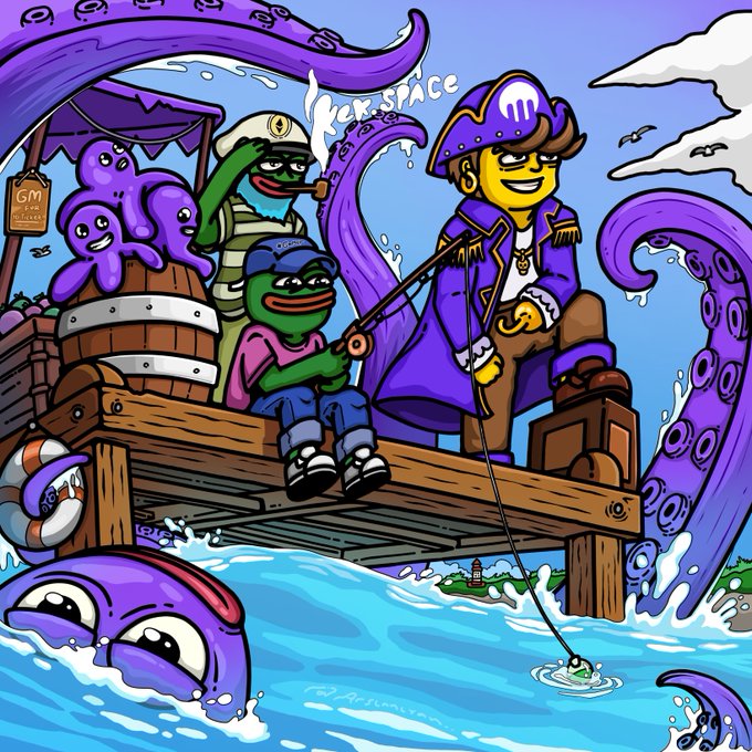 A cartoon illustration depicts two Pepe the Frog characters fishing from a wooden pier, accompanied by a pirate and purple octopus tentacles.