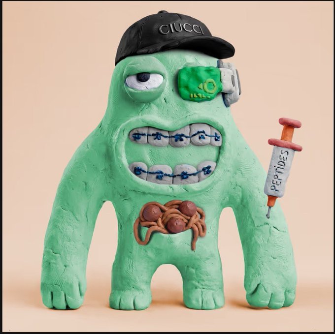 A green claymation monster figure wearing a black "CIUCCI" cap, with a stitched-together grinning mouth, one green eye, and a syringe labeled "PEPTIDES" in its hand, standing against a peach background—matching the post's playful "GIUCCI" braggadocio by transforming the name into a stylized character art collectible.