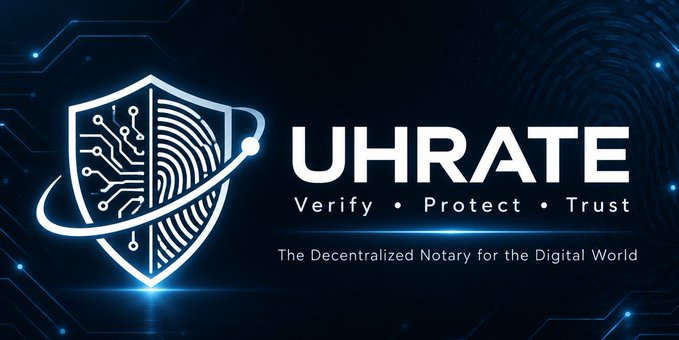 A promotional banner features a shield-icon split between circuit board patterns and a fingerprint design, alongside the "UHRATE" logo with its tagline "Verify • Protect • Trust" and the descriptor "The Decentralized Notary for the Digital World." The imagery visually reinforces UHRATE's positioning as a blockchain-based solution that merges biometric identity verification with cryptographic security to timestamp and authenticate digital files on-chain.