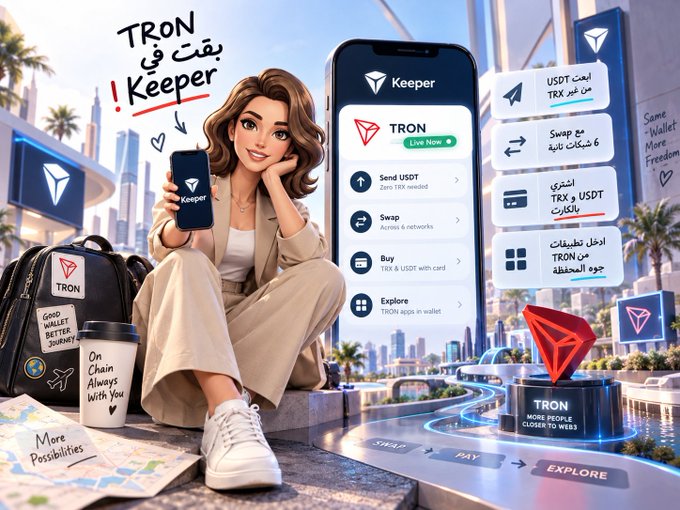 A stylish cartoon woman sits on a city ledge holding a phone displaying the Keeper wallet, which highlights TRON features like "Send USDT," "Swap," "Buy," and "Explore." Surrounding graphics and Arabic/English text promote "TRON in Keeper" and "TRX & USDT Battery," illustrating the post's message about sending USDT on TRON without holding TRX, as the Battery covers the network fees.