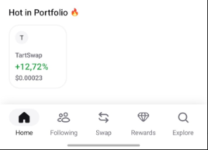 A mobile app screenshot showing 'Hot in Portfolio' with 'TartiSwap' at +12.72% and $0.00023, displaying navigation icons for Home, Following, Swap, Rewards, and Explore.