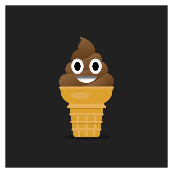 A digital illustration depicts a smiling poop emoji in a waffle cone on a dark background.