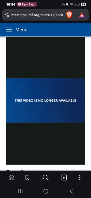 A screenshot from a mobile browser showing the IMF (International Monetary Fund) meetings page at meetings.imf.org/en/2017/spring, displaying a black screen with the message "THIS VIDEO IS NO LONGER AVAILABLE." This illustrates the post's claim that content related to Ripple/ILP's connections to the IMF is being removed, with the user referencing Ryan Zagg (visible in the browser tab) and praising accounts like @TheTruth_XRP for preserving such evidence.