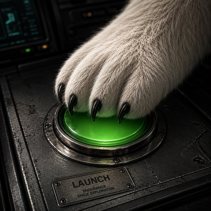 A furry paw with black claws presses a glowing green launch button on a panel marked “LAUNCH ENDURANCE SPACE EXPLORATION,” embodying the limitless possibilities hinted at by the caption “there’s no limits to where we’re going $Momota.”