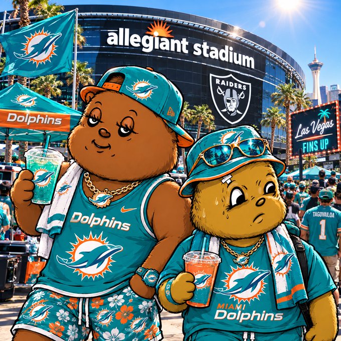 Illustration of two teddy bear mascots in Miami Dolphins gear (teal jerseys and bucket hats) holding drinks outside Allegiant Stadium, with Las Vegas and Raiders signage in the background.