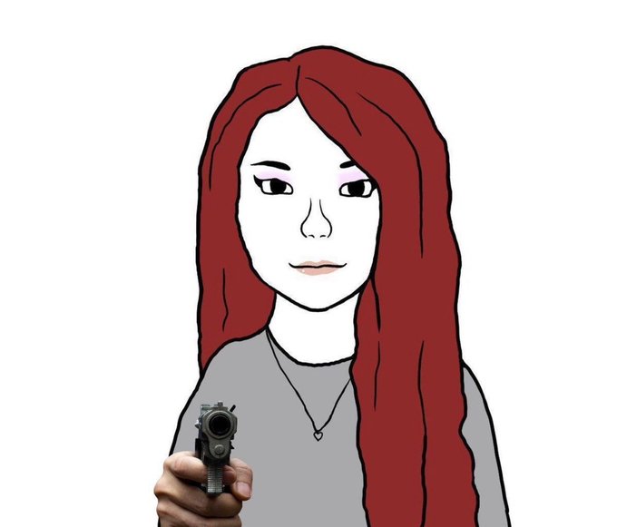 A digitally drawn portrait of a woman with long red hair holding a real gun, with the gun being the only photographic element.