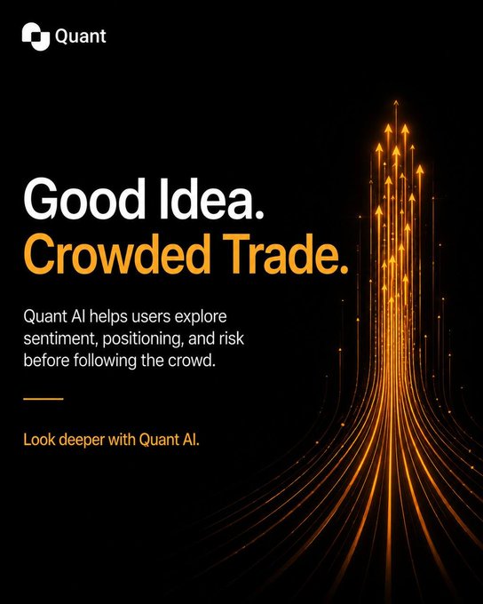 An advertisement for Quant AI features the tagline 'Good Idea. Crowded Trade.' alongside the message 'Quant AI helps users explore sentiment, positioning, and risk before following the crowd.'