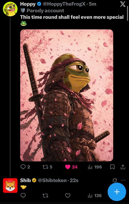 A parody X post from 'Hoppy @HoppyTheFrogX' (5m) stating 'This time round shall feel even more special,' featuring artwork of a Ninja Turtle samurai among cherry blossoms, with 24 likes, 196 reposts, and a reply from Shib @Shibtoken.