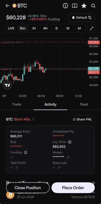 A TradingView mobile chart of BTC at $60,228 with a 40x short position showing a $60,902 liquidation price and $60,211 average entry, illustrating the leveraged crypto trading capabilities on Liquid Trading's platform. The post highlights Liquid's continuous product upgrades, with the interface showcasing their advanced trading features and ecosystem enhancements.