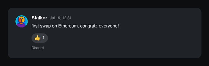 A Discord message from user 'Stalker' dated Jul 16 reads 'first swap on Ethereum, congratz everyone!' with one reaction.