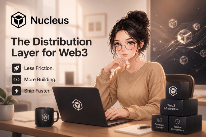 Marketing image for "Nucleus – The Distribution Layer for Web3" featuring a woman with glasses working on a laptop, highlighting features: Less Friction, More Building, and Ship Faster.