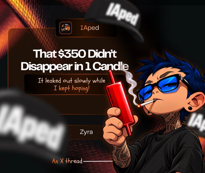 A cartoon illustration of a tattooed character in sunglasses smoking and holding a red cup, overlaid with the text 'That $350 Didn't Disappear in 1 Candle - It leaked out slowly while I kept hoping!' from a post by '!Aped' titled 'Zyra'.