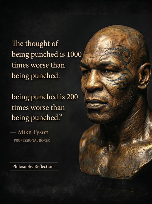 The image features a quote by Mike Tyson that says "The thought of being punched is 1000 times worse than being punched." This quote is displayed against a dark background with a black and white color scheme, which may be related to Bitcoin sell-offs. The text seems to emphasize the negative implications of Bitcoin selling off for investors compared to the anticipated price drop. In this context, it could mean that if the Bitcoin market were to crash, many people would suffer financial losses as opposed to the expected 50%+ decrease in value.