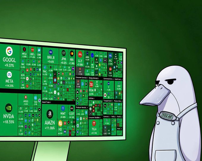 An illustration of a disgruntled cartoon character in a lab coat labeled "102.6F" looking at a green stock market heatmap displaying tickers like GOOGL, META, NVDA, AMZN, AAL, XOM, BAC, TSLA, JPM, BRK.B, WMT, COST, and PG with their percentage changes.