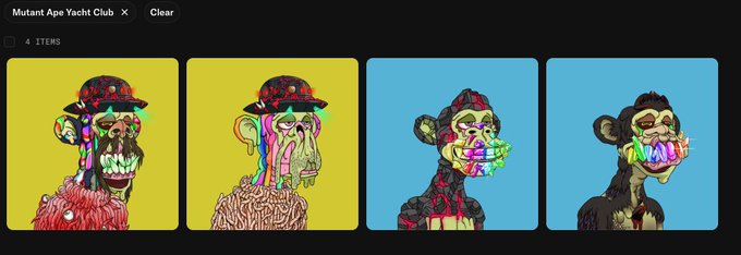 Four colorful illustrations of mutant ape heads wearing hats are displayed against yellow and blue backgrounds, titled "Mutant Ape Yacht Club" in the upper left corner.
