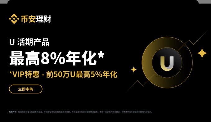 A Binance promotional banner in Chinese advertising '币安理财' (Binance Earn) with text '最高8%年化' (up to 8% annualized) for the 'U' active product, featuring a gold coin logo.
