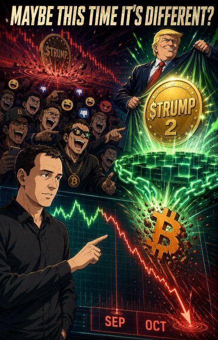 A meme-style illustration featuring Donald Trump holding a '$TRUMP 2' coin, alongside a man pointing at Bitcoin imagery, with text reading 'MAYBE THIS TIME IT'S DIFFERENT?' and a price chart showing 'SEP' to 'OCT.'