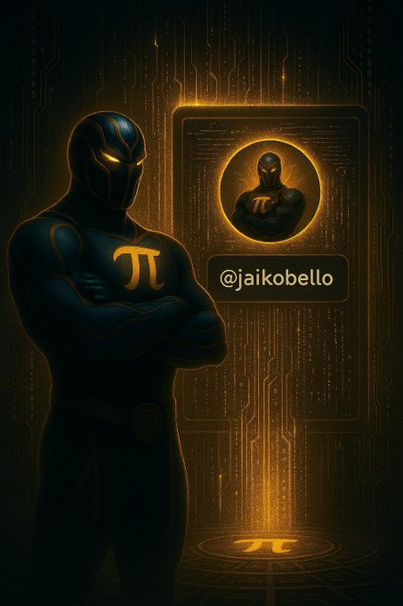 A dark-armored superhero figure emblazoned with the Pi (π) symbol stands guard in a futuristic circuit-themed setting, accompanied by a profile display showing "@jaikobello" and the Pi Network logo. The powerful imagery reinforces the post's message of devotion, protection, and loyalty to the Pi Network and its Core Team.