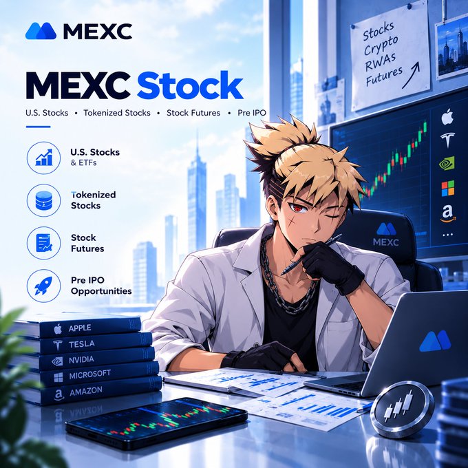 An anime-style promotional graphic for 'MEXC Stock' highlighting features like U.S. Stocks, Tokenized Stocks, Stock Futures, and Pre IPO Opportunities, featuring an anime character at a desk alongside stock tickers like Apple, Tesla, Nvidia, Microsoft, and Amazon.