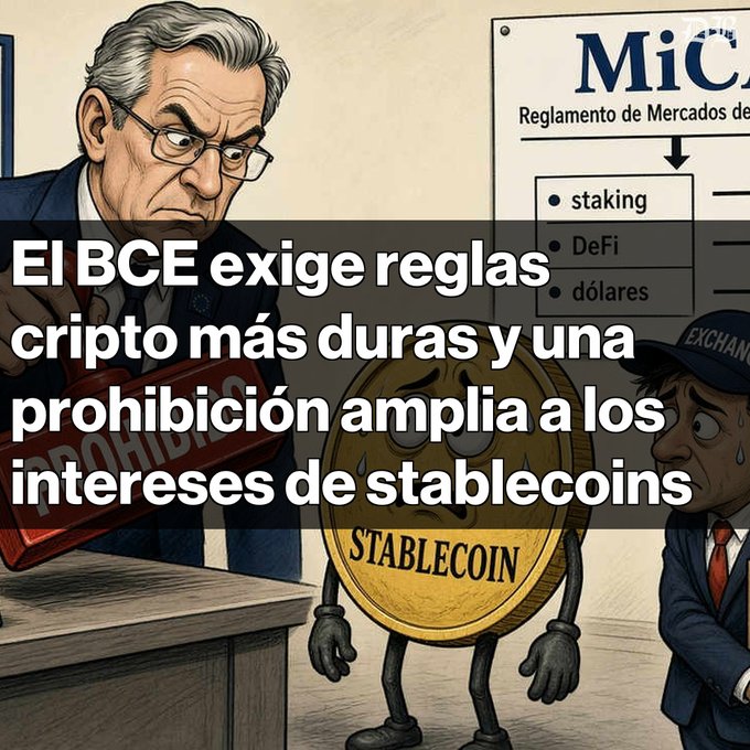 A cartoon illustration with Spanish text reading 'El BCE exige reglas cripto más duras y una prohibición amplia a los intereses de stablecoins,' depicting an official (likely representing the ECB/MiCA regulators) holding a red 'PROHIBIDO' stamp next to a worried personified gold stablecoin coin and a nervous man.