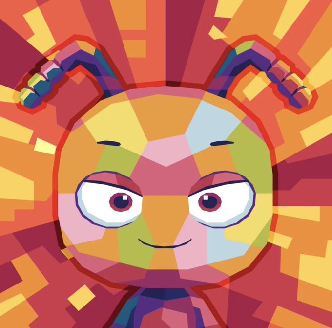 A vibrant, colorful digital illustration of a character with rainbow segmented pigtails and a mischievous smile against an orange sunburst background.