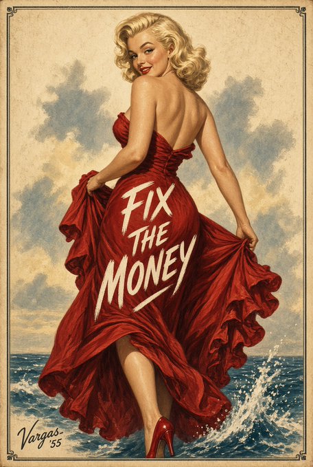 A vintage-style pin-up illustration in the style of Vargas '55 depicting a blonde woman in a flowing red dress, with 'FIX THE MONEY' written across the fabric.