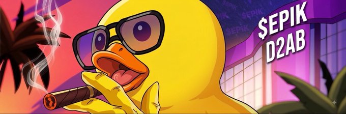 A graphic features a cartoon yellow duck wearing sunglasses and smoking a cigar, with the text '$EPIK D2AB' set against a tropical background.
