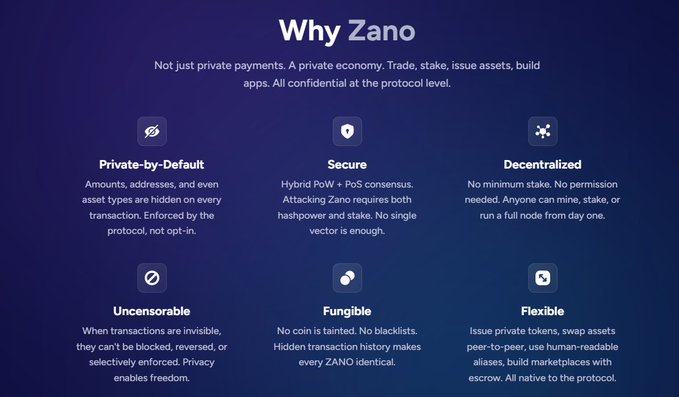 The image features a purple background with white text, presenting an outline for six different scenarios. It suggests that a person may encounter problems if they use their credit card at Zano's website without proper verification or payment method (e.g., Bitcoin). These scenarios are interconnected in a manner that implies potential issues with using the platform without adhering to specific guidelines or security precautions. The image also contains text about why Zano is not just private payments, as well as other terms and conditions.