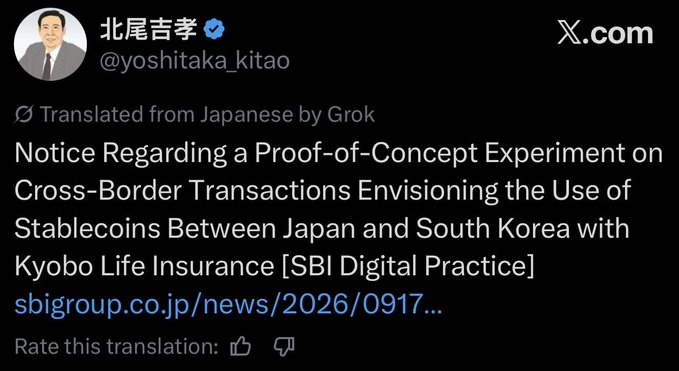 A screenshot of an X.com post by Yoshitaka Kitao (@yoshitaka_kitao) translated from Japanese by Grok, announcing a 'Notice Regarding a Proof-of-Concept Experiment on Cross-Border Transactions Envisioning the Use of Stablecoins Between Japan and South Korea with Kyobo Life Insurance [SBI Digital Practice]' with a link to sbigroup.co.jp.