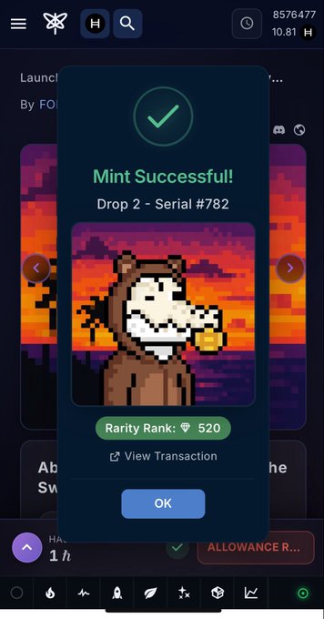 A mobile app screen shows a 'Mint Successful!' confirmation for 'Drop 2 - Serial #782' featuring a pixel-art horse head NFT with a Rarity Rank of 520.