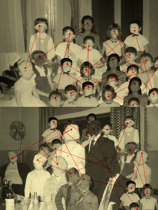 Two vintage sepia-toned family photographs with red lines and numbered dots drawn between faces, appearing to illustrate family connections or a lineage chart.