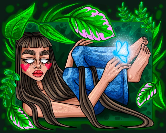 A digital illustration of a girl with long brown hair and red heart-shaped cheeks, curled up with a glowing blue butterfly against a backdrop of green tropical leaves.