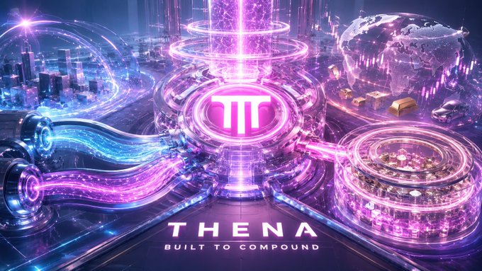 A vibrant purple and blue futuristic digital artwork featuring the "THENA" logo with the tagline "BUILT TO COMPOUND".