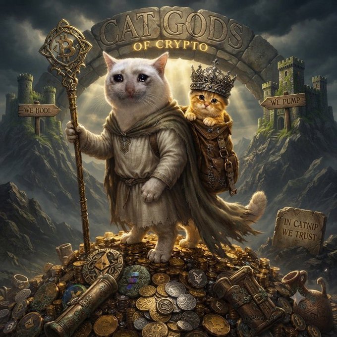 A digital illustration titled 'CAT GODS OF CRYPTO' featuring two cats in royal robes standing on a pile of gold coins, with signs reading 'WE HODL', 'WE PUMP', and 'IN CATNIP WE TRUST'.